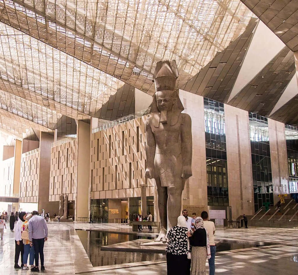 Pictures of the statue of Ramses from the entrance to the Grand Egyptian Museum