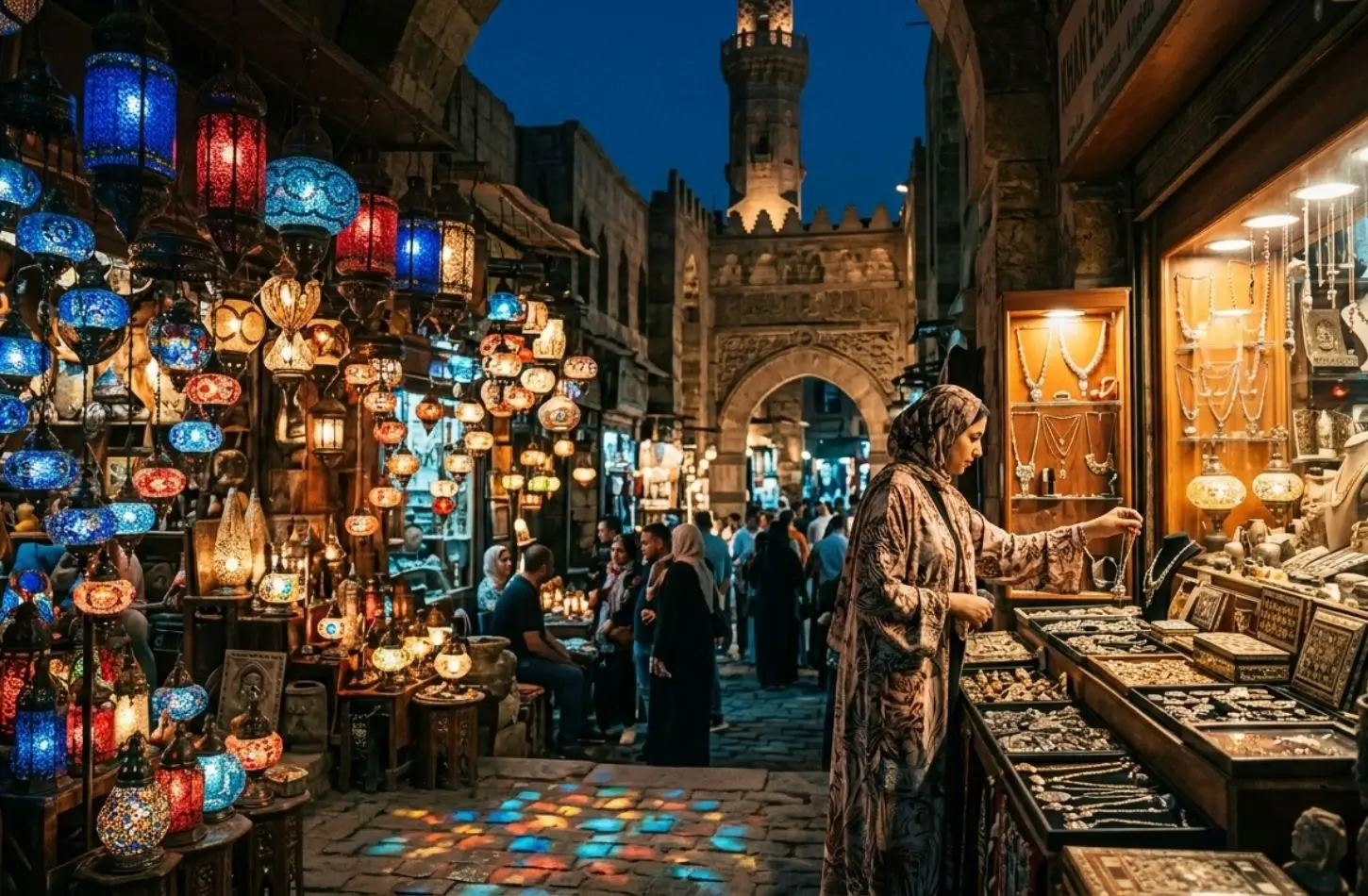 Cairo Travel Guide: Bustling Khan el-Khalili bazaar street at night with colorful lanterns and a jewelry shop.