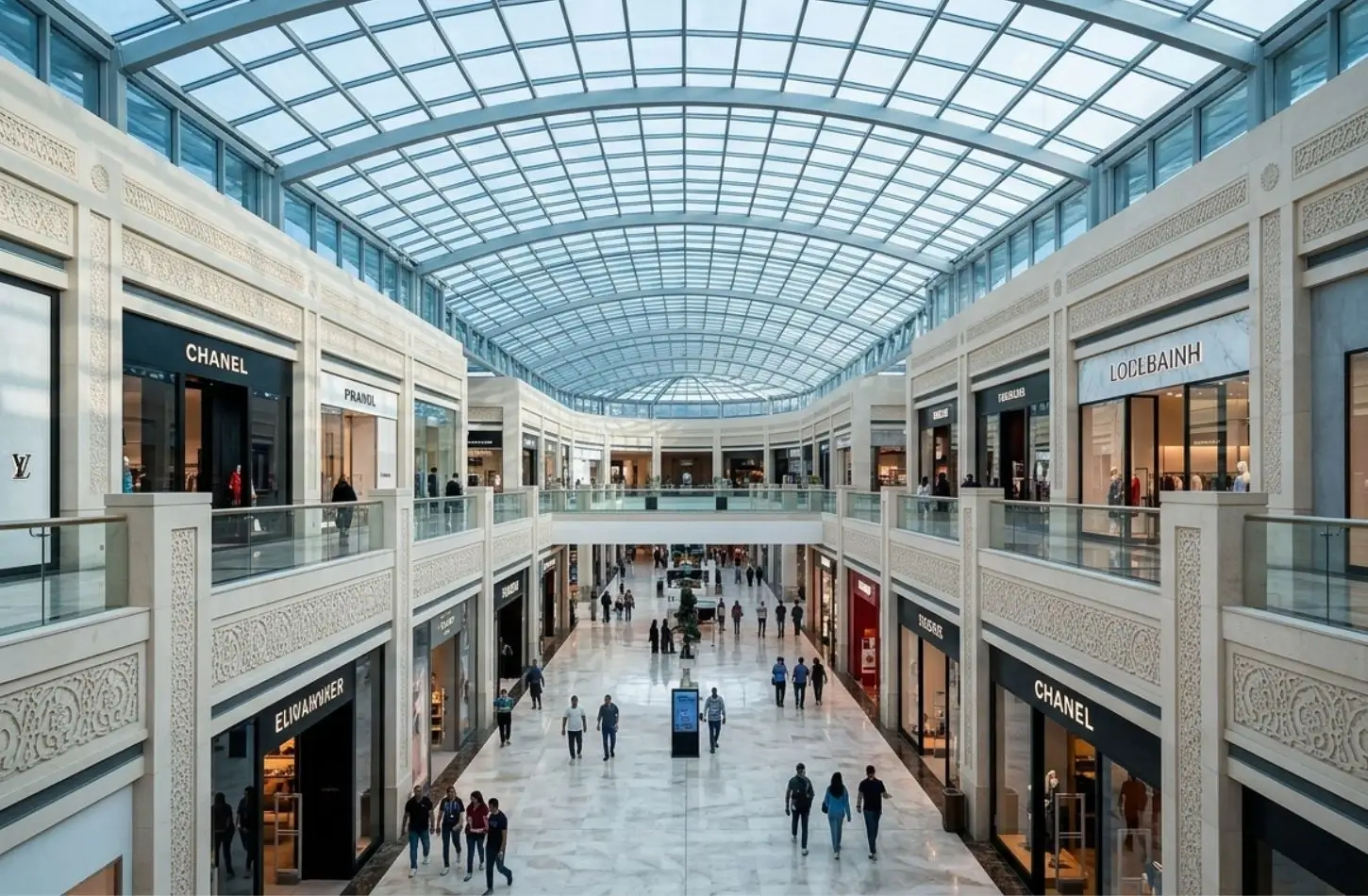 Cairo Travel Guide: Luxury shopping mall interior with a large glass dome ceiling and upscale stores.