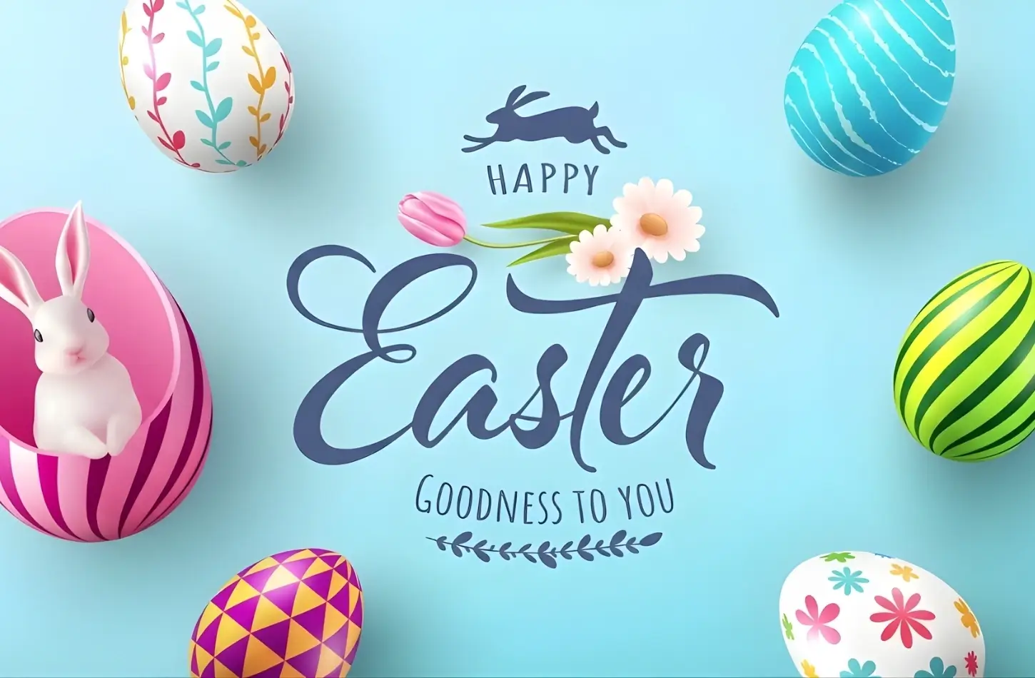 Festive "Happy Easter" graphic with colorful decorated eggs, spring flowers, and a white bunny on a light blue background—perfect for celebrating Easter in Egypt.