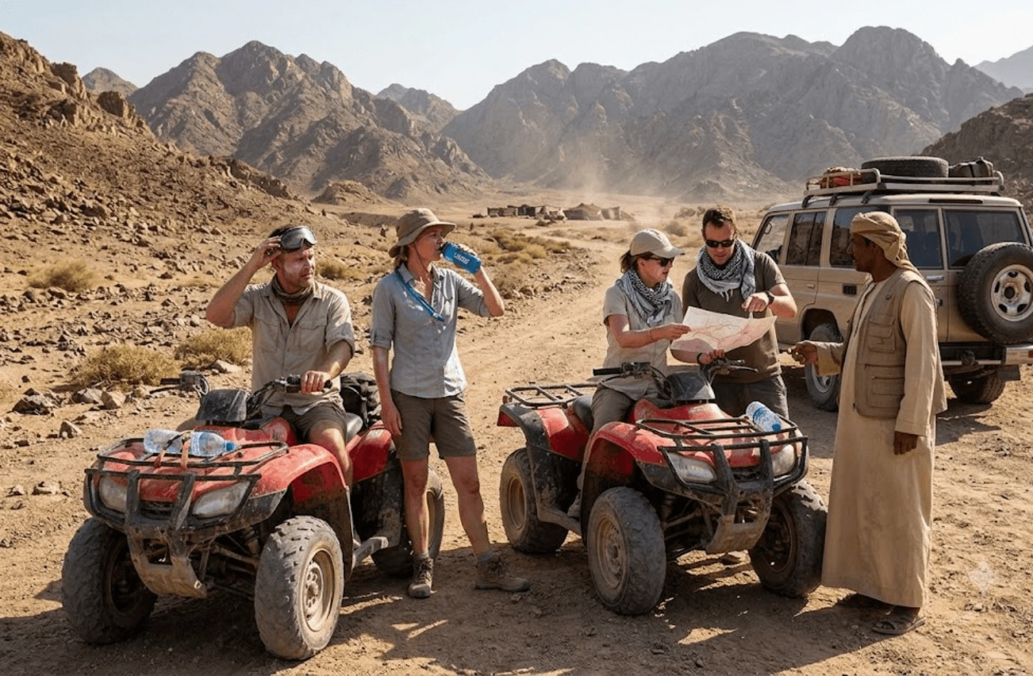 Tourists reviewing a map during a desert quad biking safari tour on a 3 days in Cairo itinerary.