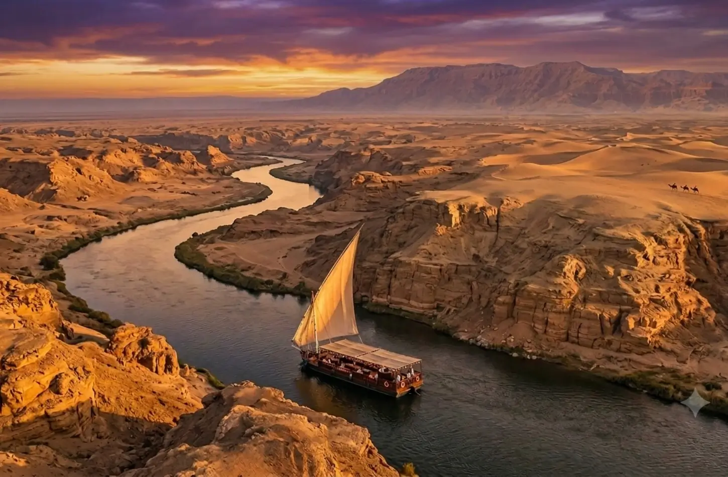 3-nights-nile-cruise-aswan-sunset-felucca A traditional sailboat cruising the Nile River at sunset during a 3 nights Nile cruise by Egypt Tailor-Made Tours.