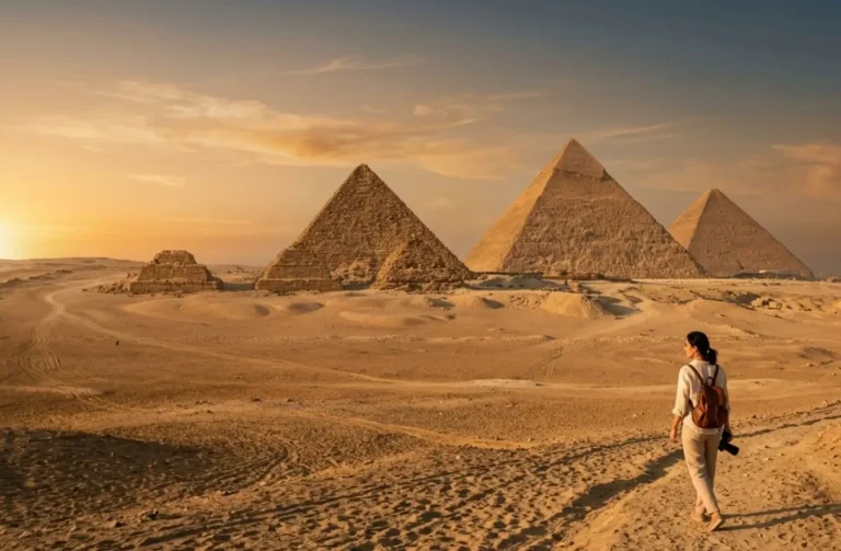 A solo female traveler with a backpack looks out at the Giza Pyramids during a warm sunset, showcasing the perfect weather for a trip to Egypt in October.