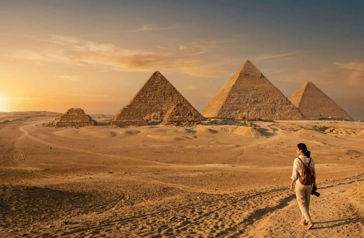 A solo female traveler with a backpack looks out at the Giza Pyramids during a warm sunset, showcasing the perfect weather for a trip to Egypt in October.