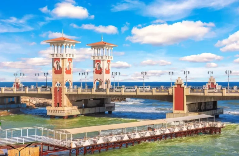 Visiting the iconic Stanley Bridge towers, one of the best things to do in Alexandria.