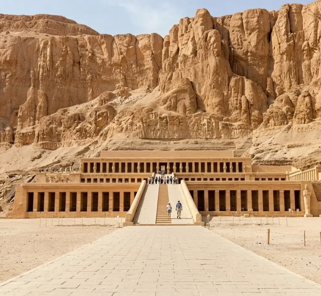 things-to-do-in-luxor-hatshepsut-temple-west-bank Tourists walking toward the Mortuary Temple of Hatshepsut at Deir el-Bahari, a essential sight for things to do in Luxor.