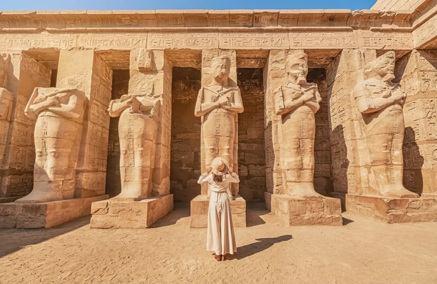 A female tourist admiring monumental pharaonic statue pillars inside an ancient Egyptian temple, highlighting top things to do in Luxor.