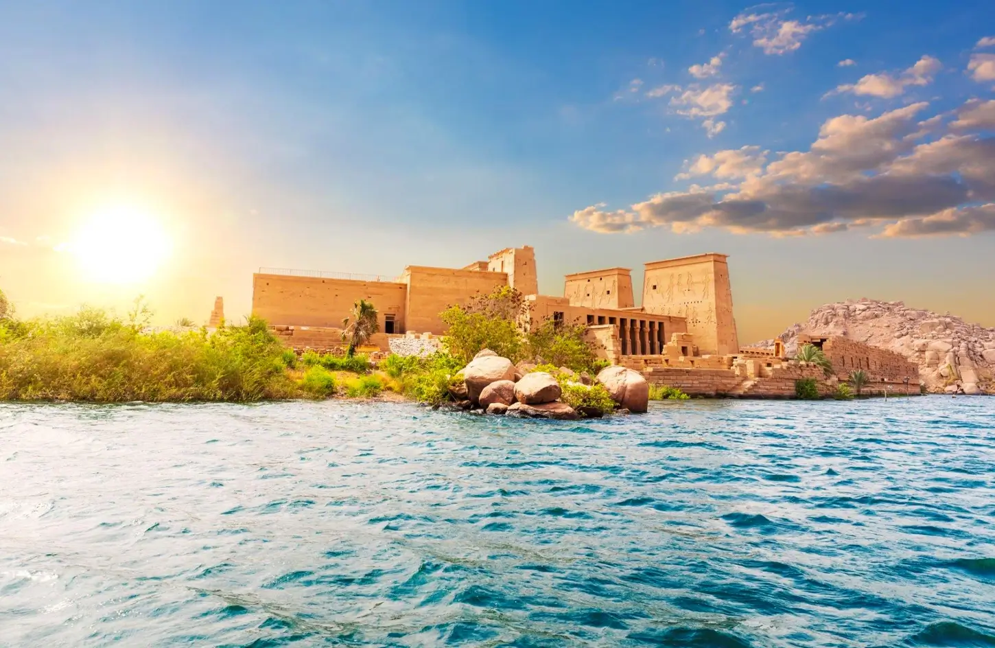 Philae Temple seen from outside in daylight, Aswan