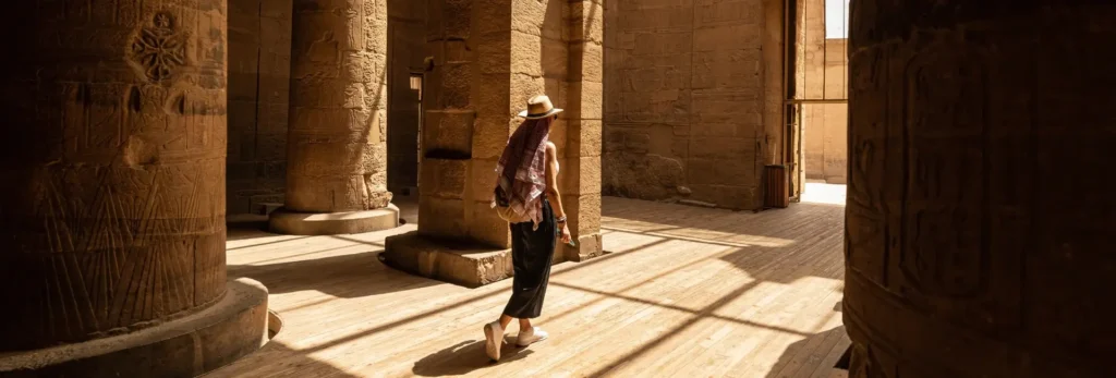 A stunning photograph of a girl and her mother at the Valley of the Kings temple in Luxor.