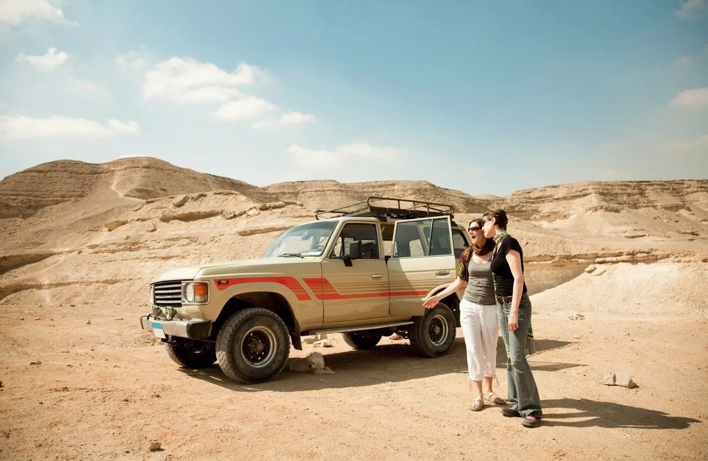 Two tourists on a jeep adventure in the Hurghada desert